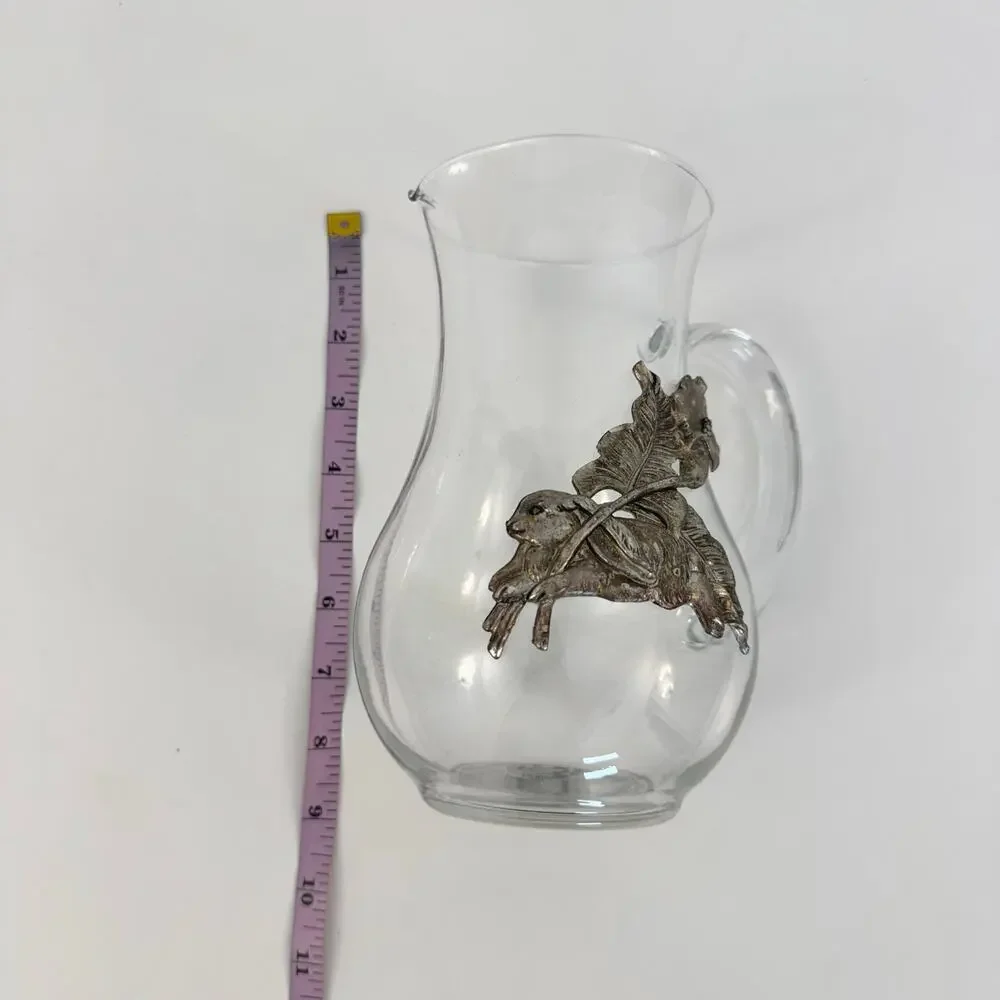 Arthur Court Clear Glass Pitcher with Aluminum Flower Bunny Rabbit Design